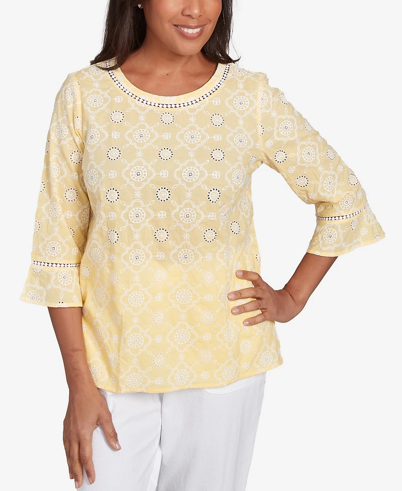 Alfred Dunner Women's Rise Shine Embroidered Floral Eyelet Bell Sleeve Crew Neck Top