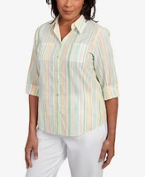Alfred Dunner Women's Rise Shine Sunny Stripes Button Down Collared Neckline Top