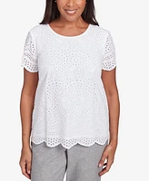 Alfred Women's Dunner Crystal Springs Eyelet Scalloped Hem Crew Neck T-Shirt