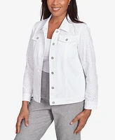 Alfred Dunner Women's Crystal Springs Eyelet Denim Collared Neck Jacket