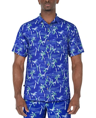 Pga Tour Men's Short Sleeve Watercolor Palm Print Button-Front Shirt