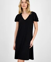 Ak Anne Klein Women's Double Flutter-Sleeve V-Neck Dress