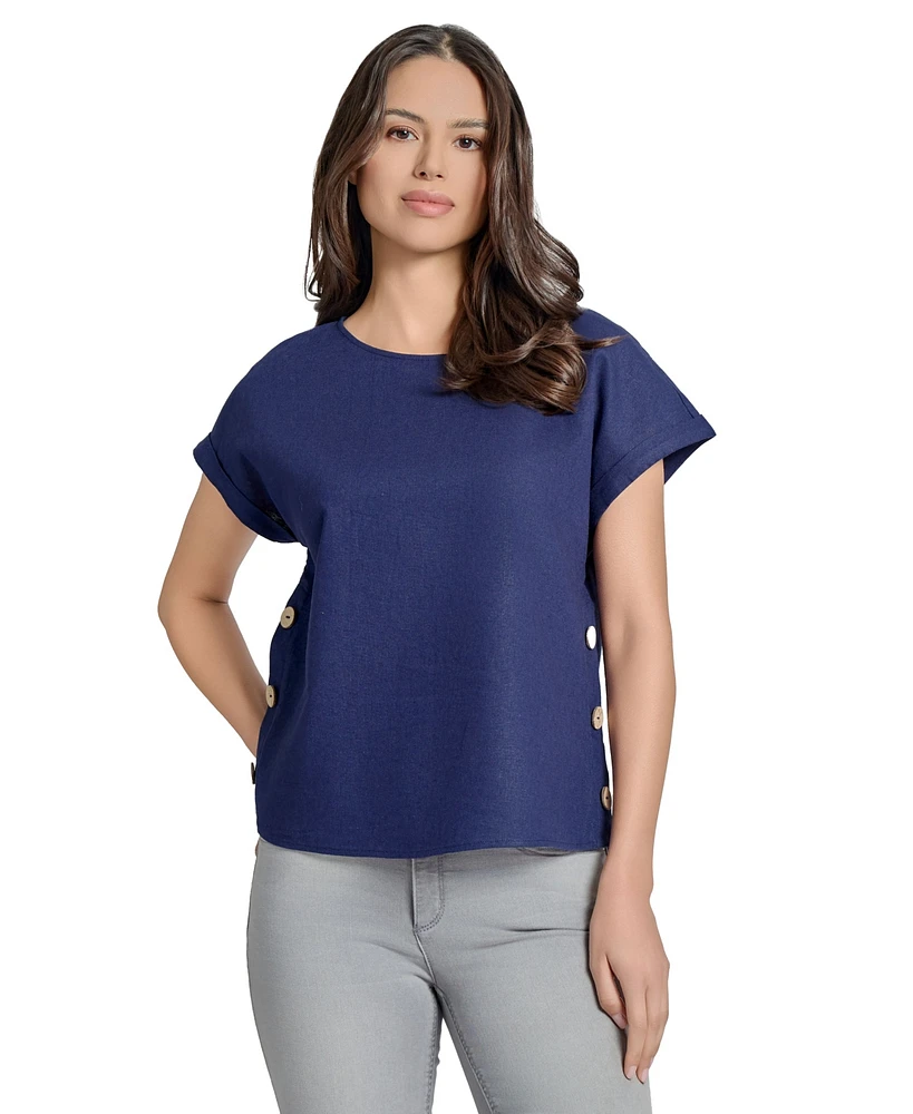 Jones New York Women's Short Sleeve Button Detail Top