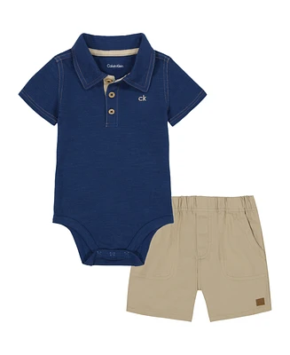 Calvin Klein Baby Boys 2-Piece Plaid Polo Woven Bodysuit and Twill Shorts Set
