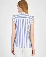 Tommy Hilfiger Women's Cotton Textured-Stripe Ruffled Shirt