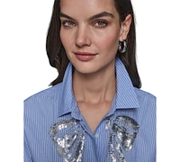 Karl Lagerfeld Paris Women's Sequin-Bow Poplin Button-Front Top