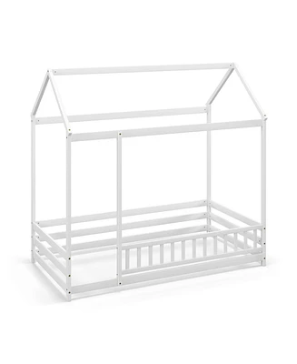 Twin Size Kids House Bed Wooden Floor Bed with Roof and Full-length Safety Guardrail