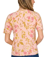 CeCe Women's Flora-Print Crewneck Short-Sleeve Sweater