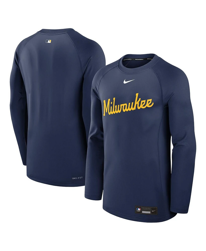 Nike Men's Navy Milwaukee Brewers Authentic Collection Game Time Raglan Performance Long Sleeve T-Shirt