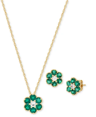 2-Pc. Set Lab-Created Emerald (1-3/8 ct. t.w.) & Lab-Created White Sapphire (1/3 ct. t.w.) Flower Pendant Necklace & Matching Stud Earrings in 14k Yel