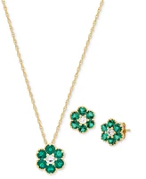 2-Pc. Set Lab-Created Emerald (1-3/8 ct. t.w.) & Lab-Created White Sapphire (1/3 ct. t.w.) Flower Pendant Necklace & Matching Stud Earrings in 14k Yel