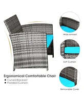 4PCS Patio Rattan Furniture Set Conversation Glass Table Top Cushioned