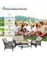 4PCS Patio Wicker Furniture Set Loveseat Sofa Coffee Table W/ Cushion