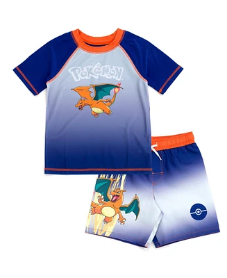 Pokemon Boys Pikachu Upf 50+ Rash Guard Swim Trunks Outfit Set to