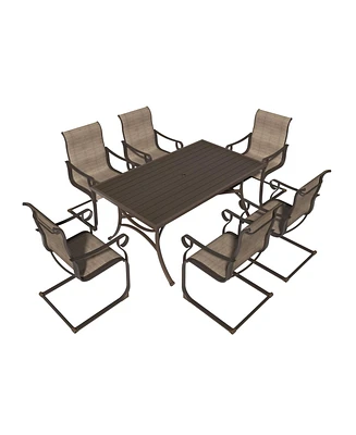 7-Piece Metal Outdoor Patio Dining Set with Rectangle Table with 1.9" Umbrella Hole and C-Spring Chairs