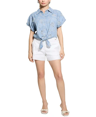 Guess Women's Brigitte Eyelet Tie-Front Cap-Sleeve Shirt