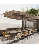 15 ft. Large Market Patio Umbrella with 36 Solar Lights,Double-Sided Outdoor Blue Base and Sandbag
