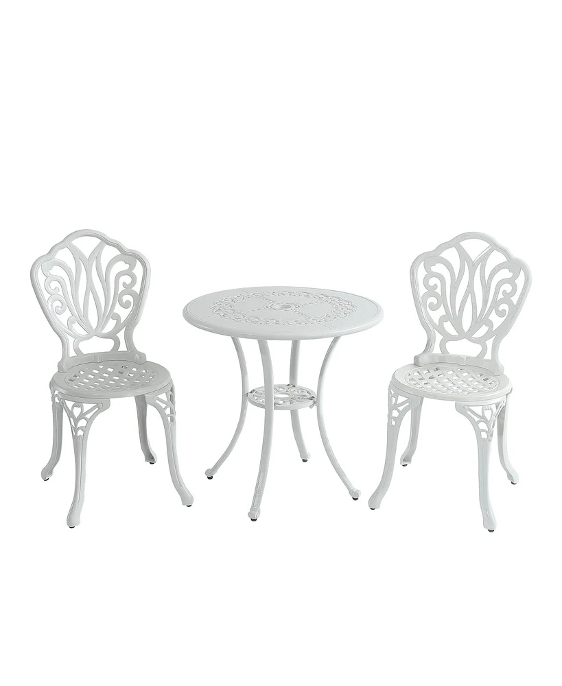 3-Piece Cast Aluminium Patio Bistro Set Outdoor Dining Table and Chairs Patio Bistro Table with Umbrella Hole Patio Bistro Chairs, White