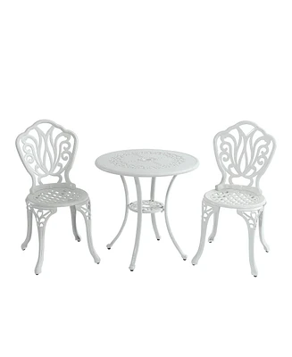 3-Piece Cast Aluminium Patio Bistro Set Outdoor Dining Table and Chairs Patio Bistro Table with Umbrella Hole Patio Bistro Chairs, White