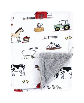 Hudson Baby Plush Blanket with Furry Binding and Back, Farm, One Size