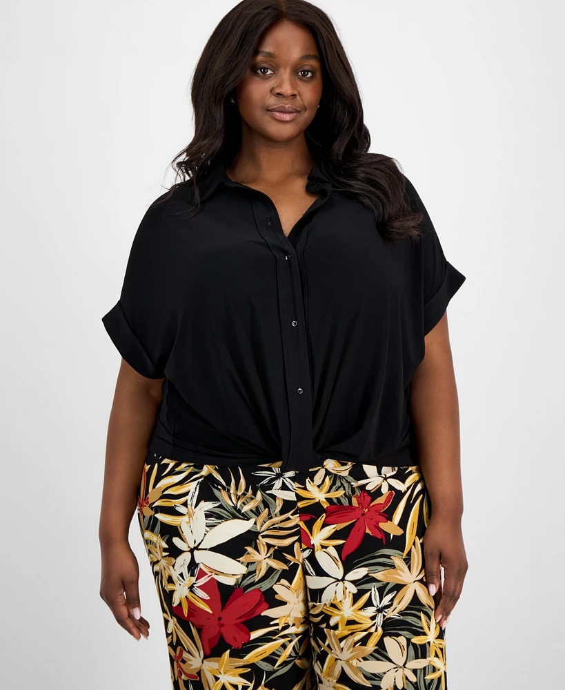 Anne Klein Plus Twist-Hem Cuffed-Sleeve Shirt