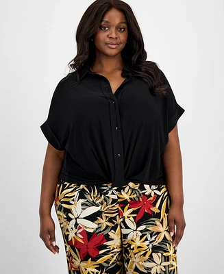 Anne Klein Plus Twist-Hem Cuffed-Sleeve Shirt