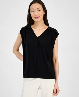 Anne Klein Women's Lace-Inset Extended-Shoulder V-Neck Top