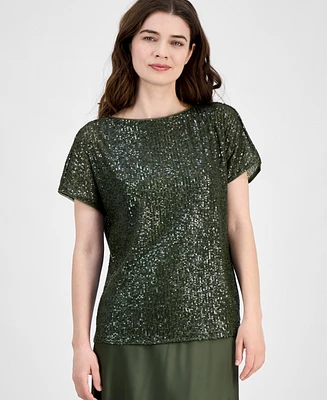 Anne Klein Women's Sequinned-Mesh Boat-Neck Top