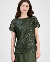 Anne Klein Women's Sequinned-Mesh Boat-Neck Top