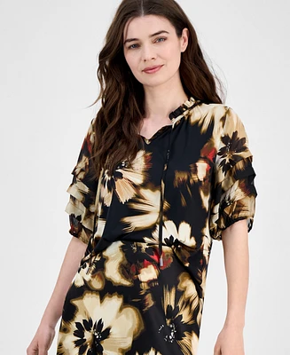 Anne Klein Women's Pleated-Sleeve Floral-Print Split-Neck Top