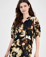 Anne Klein Women's Pleated-Sleeve Floral-Print Split-Neck Top