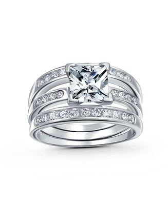Bling Jewelry Traditional Square 2CT Solitaire Princess Cut Cz 3 Triple Pave Band Guard Inset Enhancers Ring Set .925 Sterling Silver
