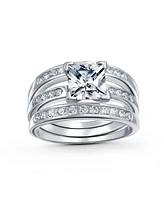 Bling Jewelry Traditional Square 2CT Solitaire Princess Cut Cz 3 Triple Pave Band Guard Inset Enhancers Ring Set .925 Sterling Silver