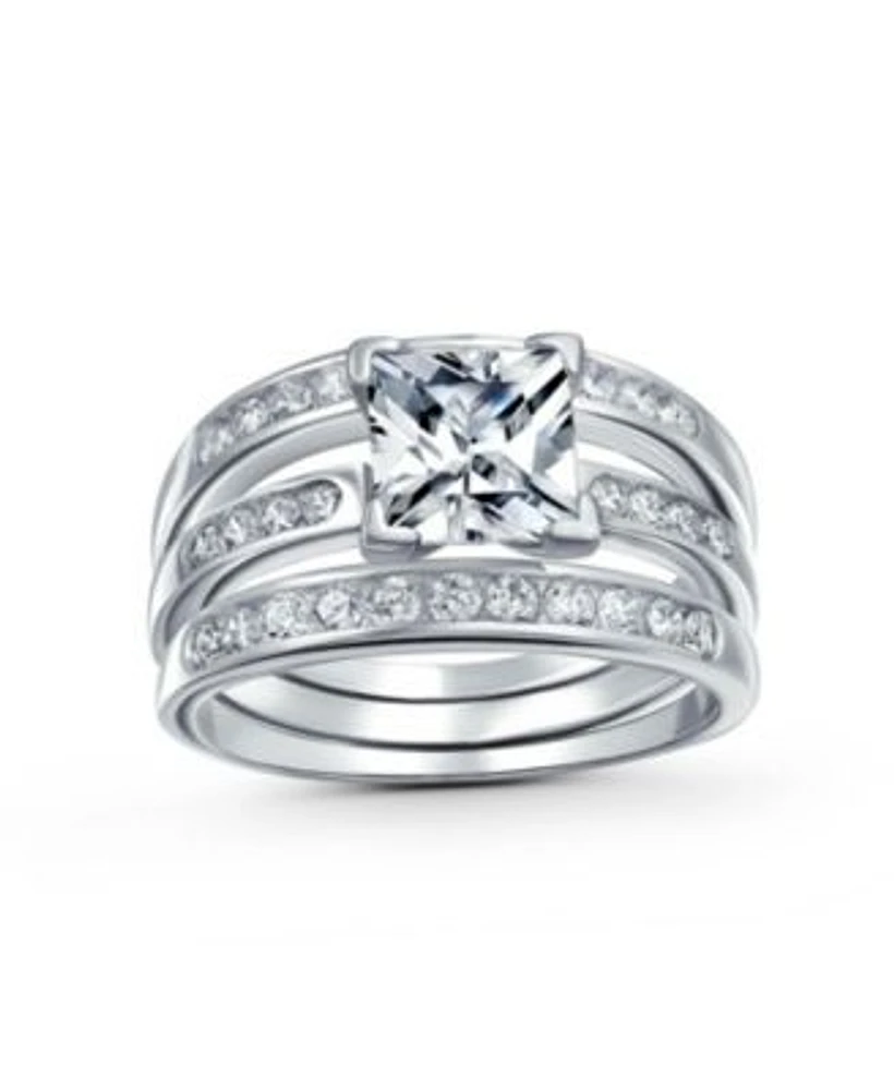 Bling Jewelry Square 2CT Solitaire Princess Cut Cz 3 Triple Pave Band Guard Inset Enhancers Ring Set .925 Sterling Silver