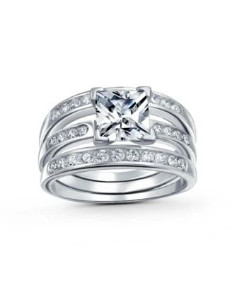Bling Jewelry Traditional Square 2CT Solitaire Princess Cut Cz 3 Triple Pave Band Guard Inset Enhancers Ring Set .925 Sterling Silver