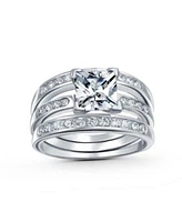 Bling Jewelry Square 2CT Solitaire Princess Cut Cz 3 Triple Pave Band Guard Inset Enhancers Ring Set .925 Sterling Silver