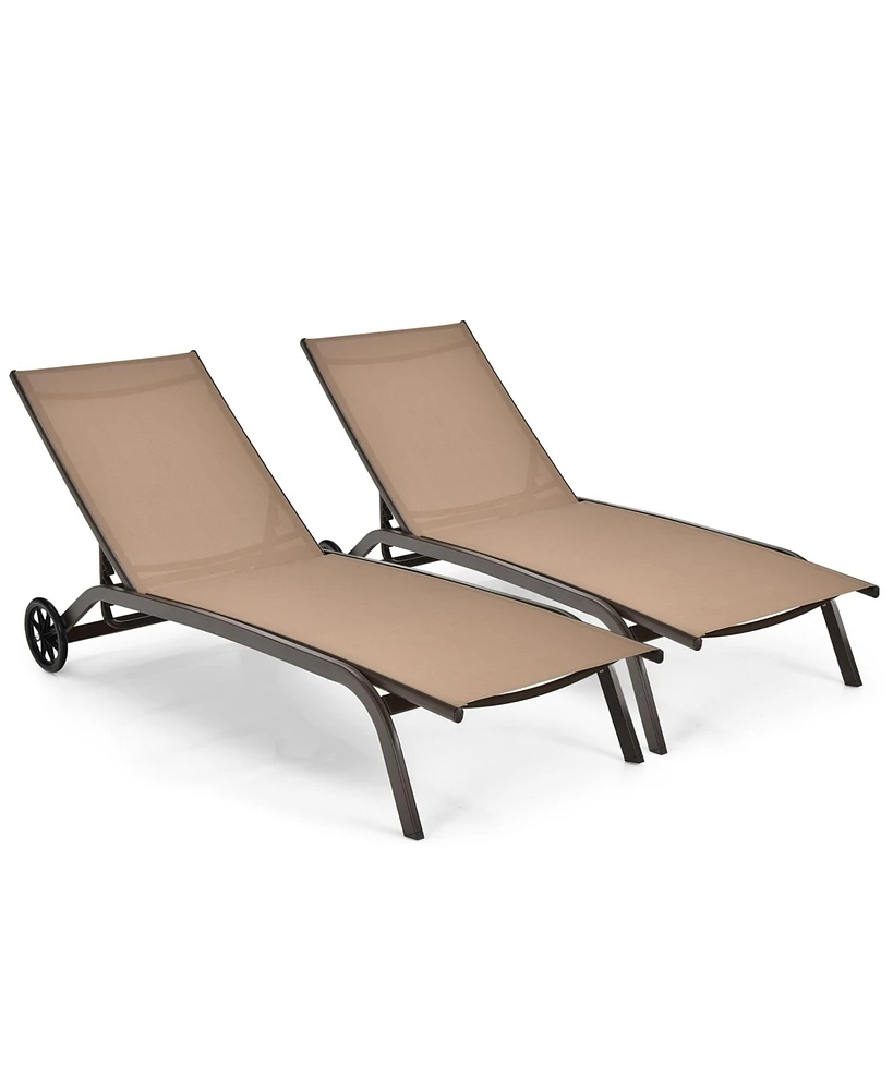 2PCS Patio Lounge Chair Chaise Adjustable Back Recliner W/Wheels