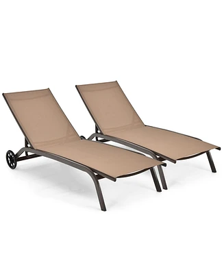 2PCS Patio Lounge Chair Chaise Adjustable Back Recliner W/Wheels