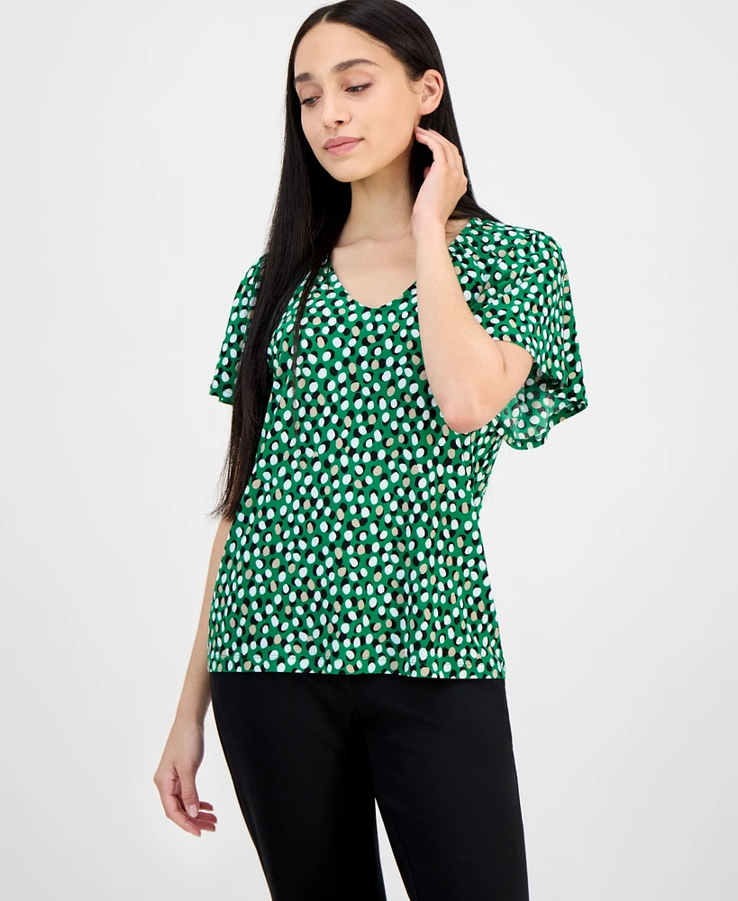 Ak Anne Klein Petite Printed V-Neck Raglan-Sleeve Top
