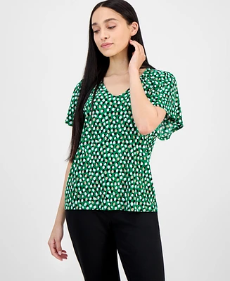 Ak Anne Klein Petite Printed V-Neck Raglan-Sleeve Top