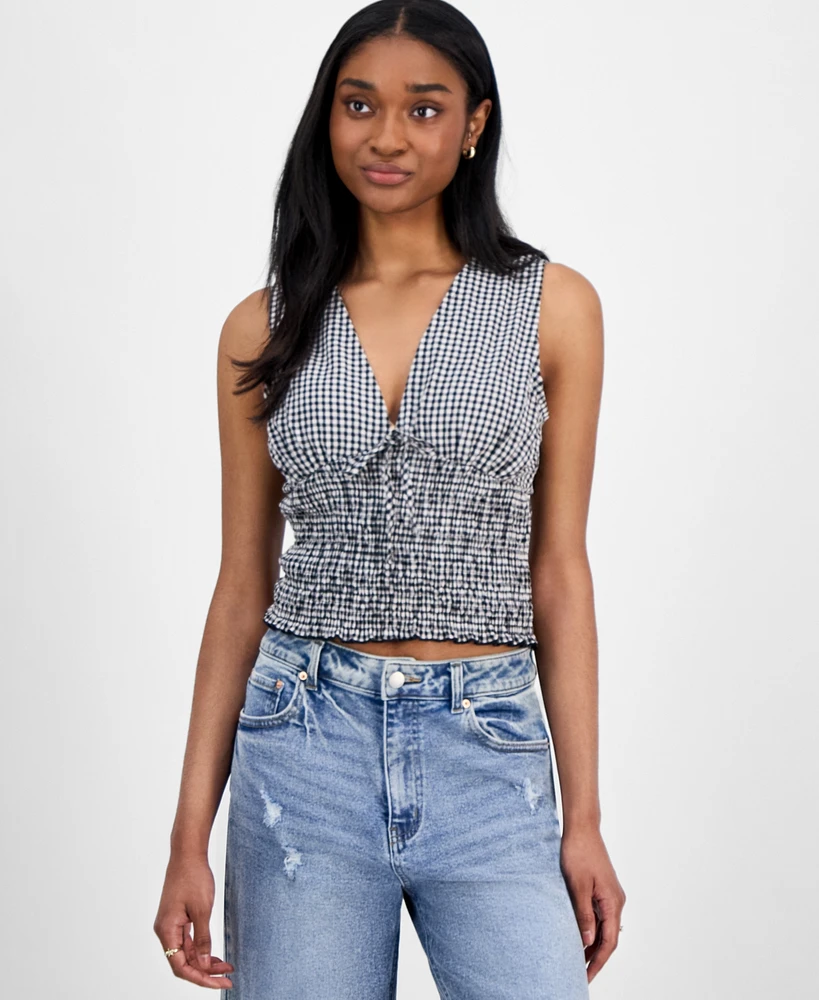 Madden Girl Juniors' Smocked Gingham Top