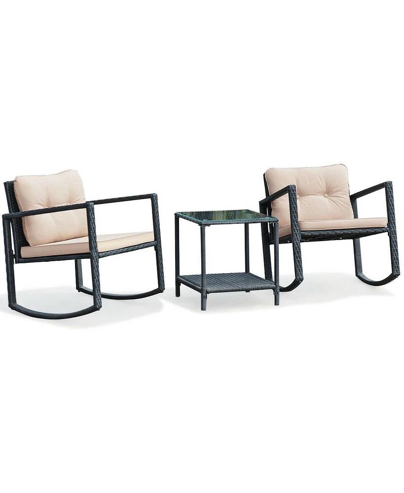 Gymax Set of 3 Rattan Patio Furniture Set Rocking Chair Table Set w/ Cushions