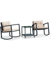 Gymax Set of 3 Rattan Patio Furniture Set Rocking Chair Table Set w/ Cushions