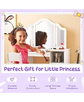 Kids Vanity Table and Chair Set with Removable Tri-Folding Mirror