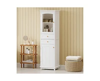 Casainc 63" Tall Bathroom Storage Cabinet with Glass Doors, Free-Standing, Two Drawers, and Adjustable Shelves, Mdf Board, Painted white