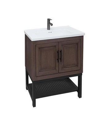 Casainc 24" Bathroom Vanity with White Ceramic Sink & Faucet,Freestanding Bathroom Cabinet with 2 Storage Doors and Open iron Shelf