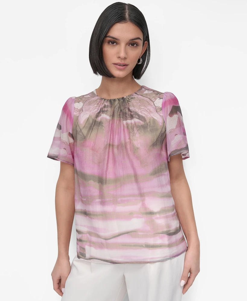 Dkny Petite Printed Puff-Shoulder Blouse