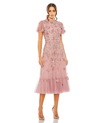 Mac Duggal Women's Embellished High Neck Cap Sleeve A Line Dress