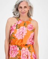 Robbie Bee Petite Tiered Floral-Print Halter Midi Dress