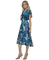Dkny Women's V-Neck Smocked-Waist Flutter-Sleeve Dress